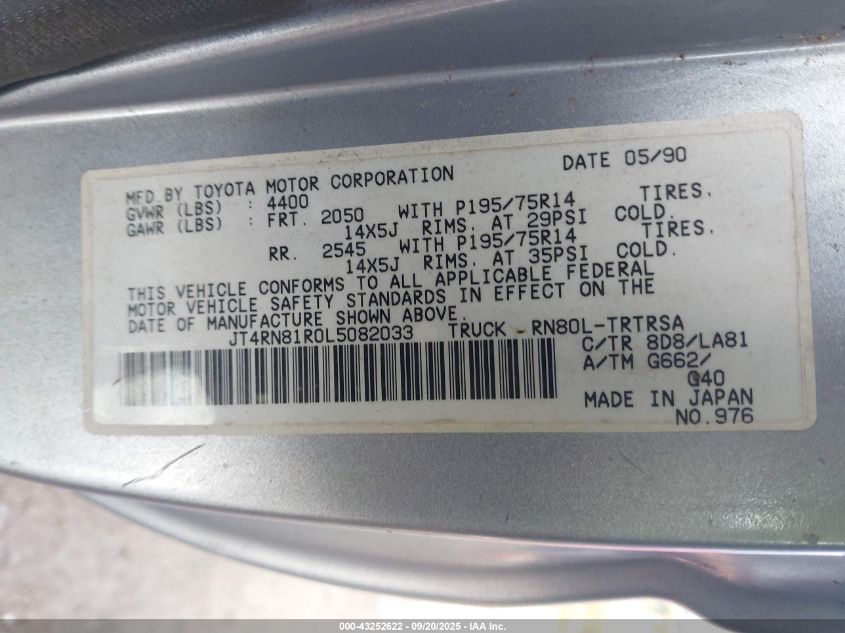 1990 Toyota Pickup 1/2 Ton Short Wheelbase VIN: JT4RN81R0L5082033 Lot: 43252622