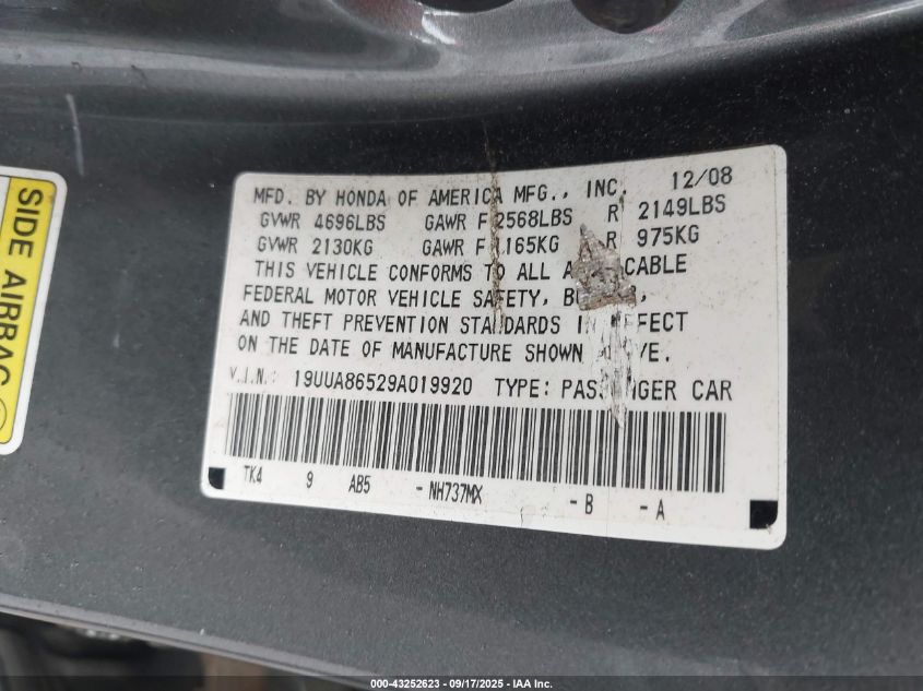 2009 Acura Tl 3.5 VIN: 19UUA86529A019920 Lot: 43252623