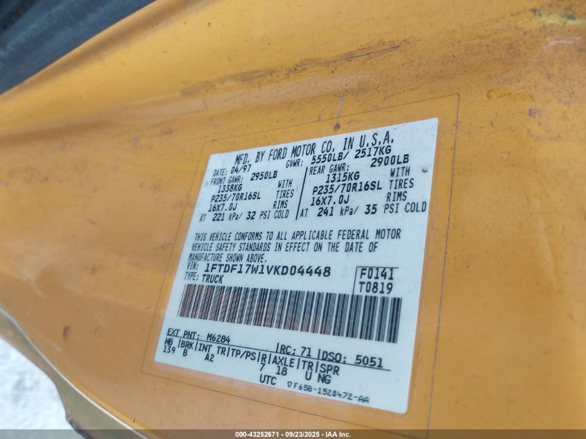1997 Ford F-150 Lariat/Standard/Xl/Xlt VIN: 1FTDF17W1VKD04448 Lot: 43252671