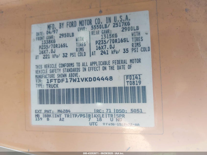 1997 Ford F-150 Lariat/Standard/Xl/Xlt VIN: 1FTDF17W1VKD04448 Lot: 43252671