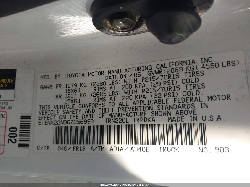 2006 Toyota Tacoma VIN: 5TENX22N06Z256993 Lot: 43252688