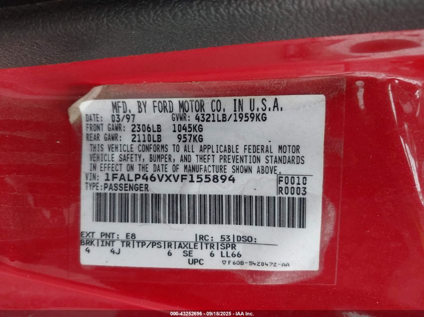 1997 Ford Mustang Cobra VIN: 1FALP46VXVF155894 Lot: 43252696