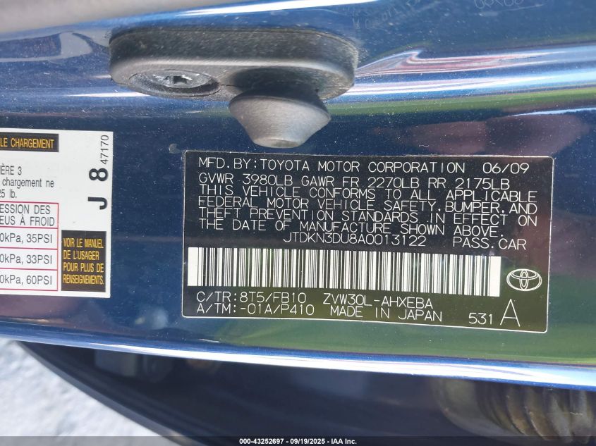 2010 Toyota Prius Ii VIN: JTDKN3DU8A0013122 Lot: 43252697