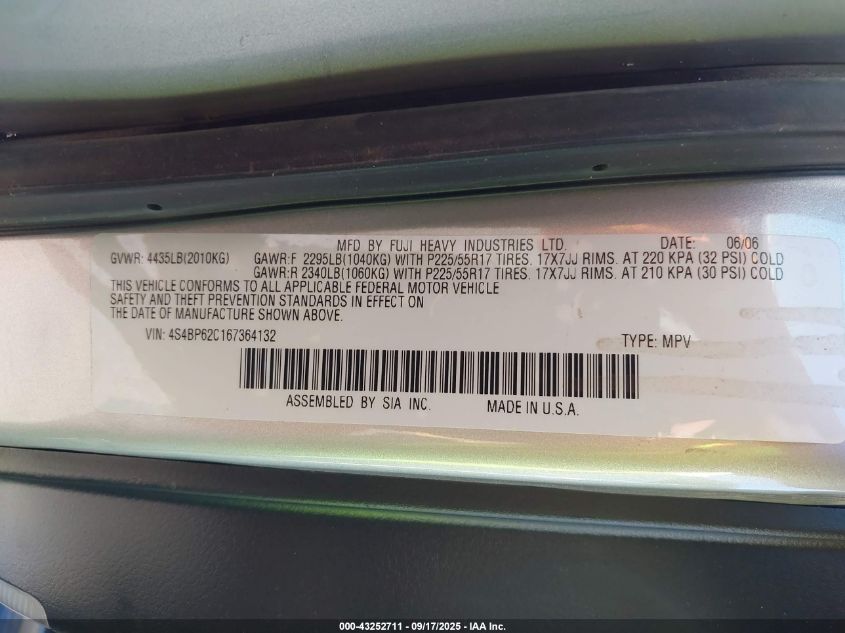 2006 Subaru Outback 2.5I Limited VIN: 4S4BP62C167364132 Lot: 43252711