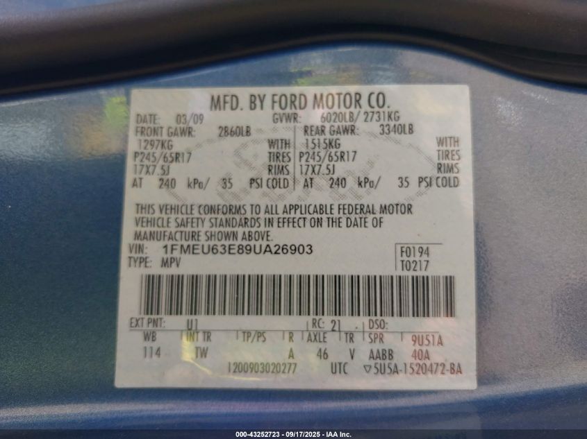 2009 Ford Explorer Xlt VIN: 1FMEU63E89UA26903 Lot: 43252723