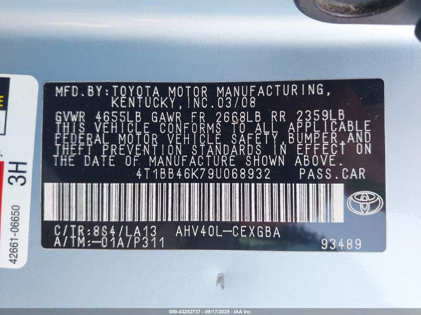 2009 Toyota Camry Hybrid VIN: 4T1BB46K79U068932 Lot: 43252737