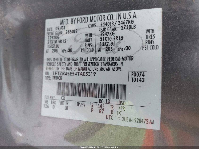 2004 Ford Ranger Edge/Tremor/Xlt VIN: 1FTZR45E54TA05319 Lot: 43252749