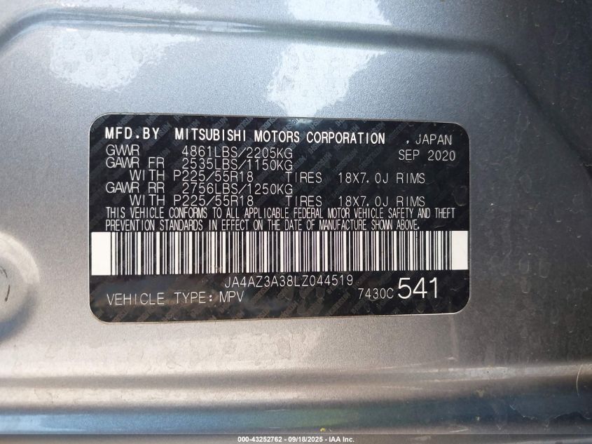 2020 Mitsubishi Outlander VIN: JA4AZ3A38LZ044519 Lot: 43252762