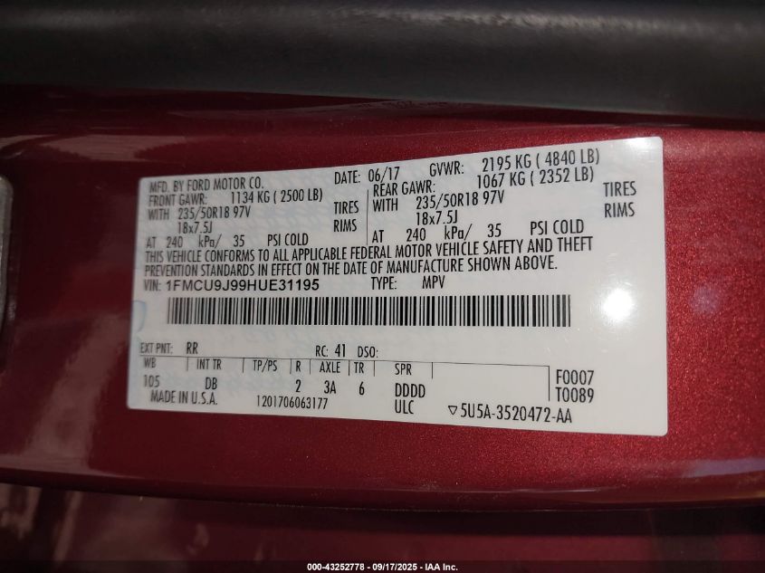 2017 Ford Escape Titanium VIN: 1FMCU9J99HUE31195 Lot: 43252778