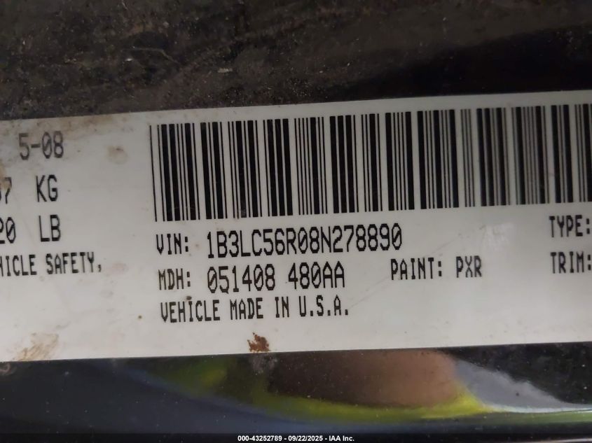 2008 Dodge Avenger Sxt VIN: 1B3LC56R08N278890 Lot: 43252789