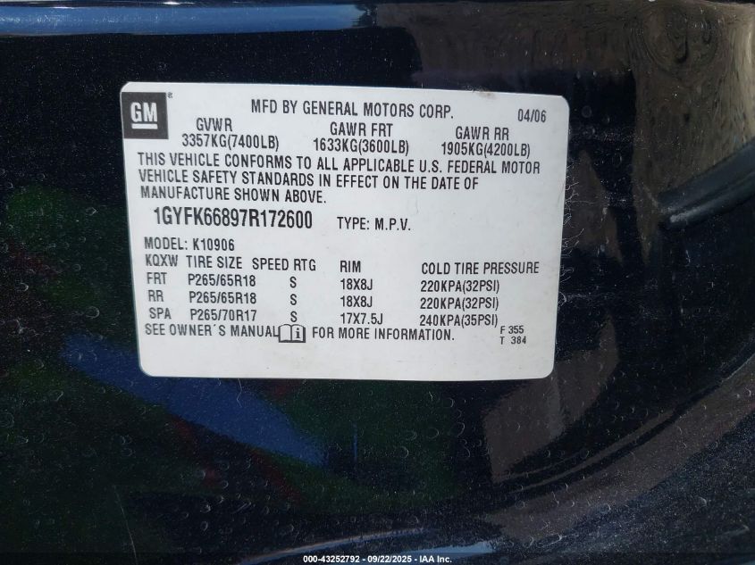 2007 Cadillac Escalade Esv Standard VIN: 1GYFK66897R172600 Lot: 43252792