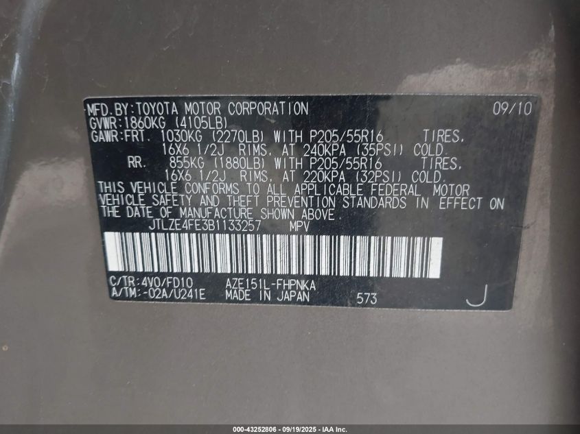 2011 Scion Xb VIN: JTLZE4FE3B1133257 Lot: 43252806