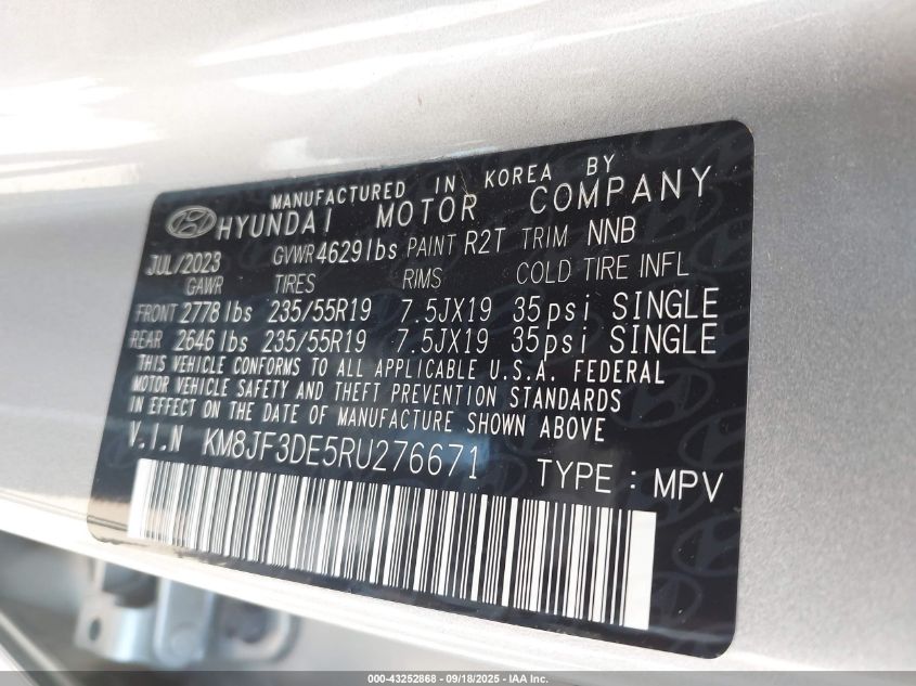 2024 Hyundai Tucson Xrt VIN: KM8JF3DE5RU276671 Lot: 43252868