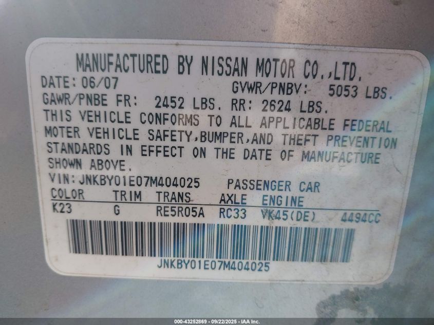 2007 Infiniti M45 Sport VIN: JNKBY01E07M404025 Lot: 43252869