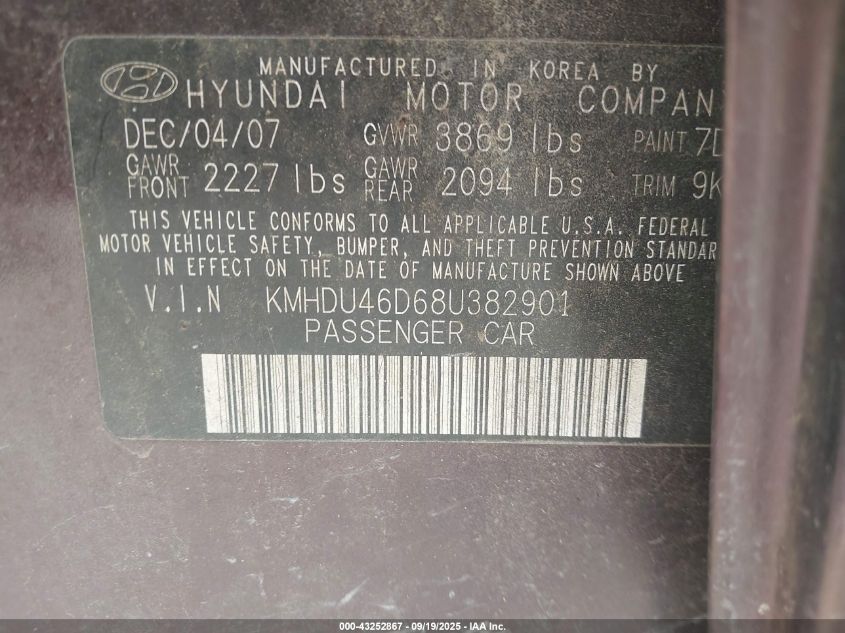 2008 Hyundai Elantra Gls/Se VIN: KMHDU46D68U382901 Lot: 43252867