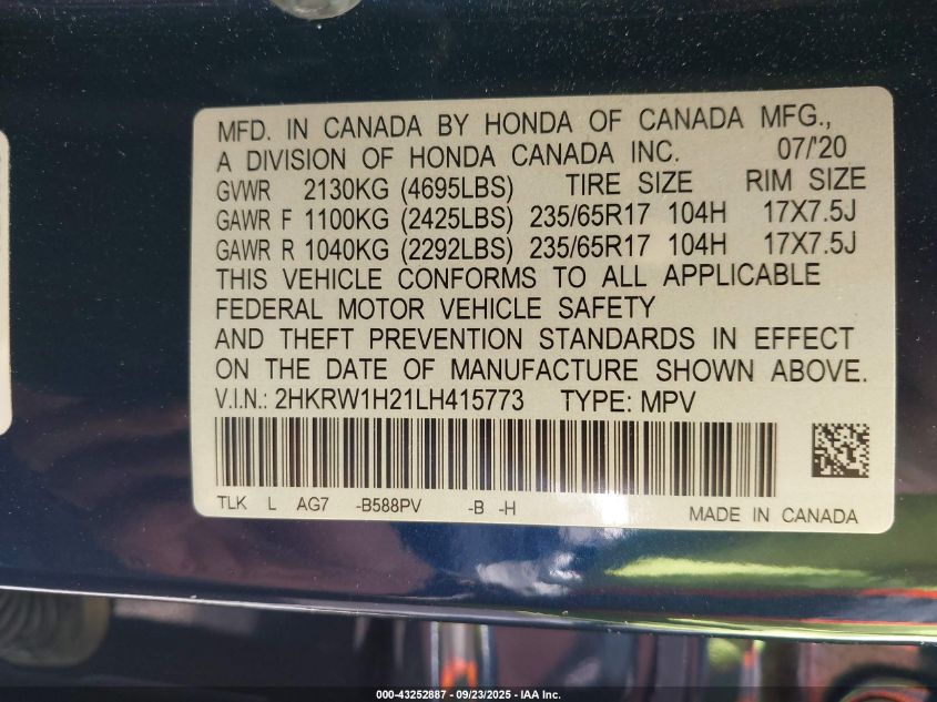 2020 Honda Cr-V 2Wd Lx VIN: 2HKRW1H21LH415773 Lot: 43252887