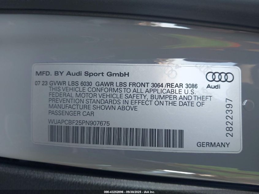 2023 Audi Rs 7 Sportback Tfsi Quattro Tiptronic VIN: WUAPCBF25PN907675 Lot: 43252896