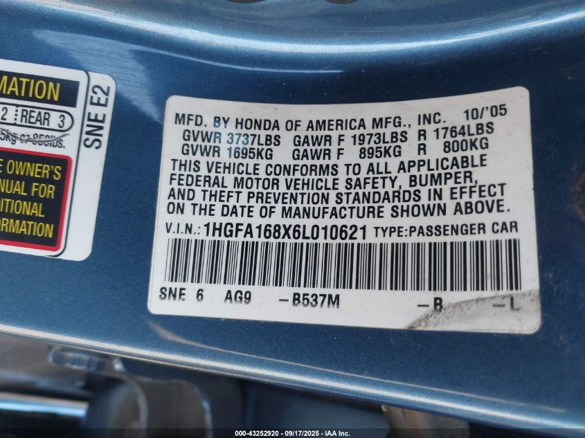 2006 Honda Civic Ex VIN: 1HGFA168X6L010621 Lot: 43252920