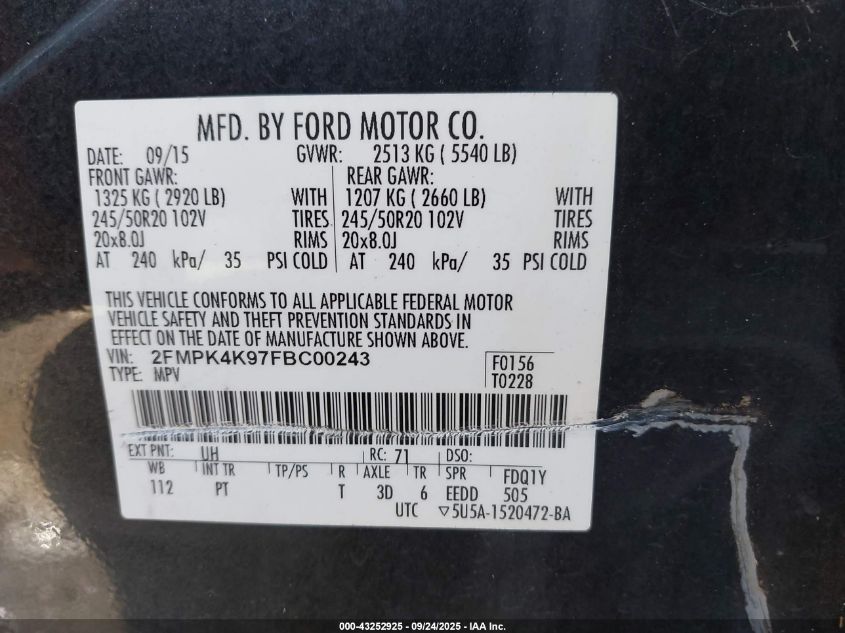 2015 Ford Edge Titanium VIN: 2FMPK4K97FBC00243 Lot: 43252925