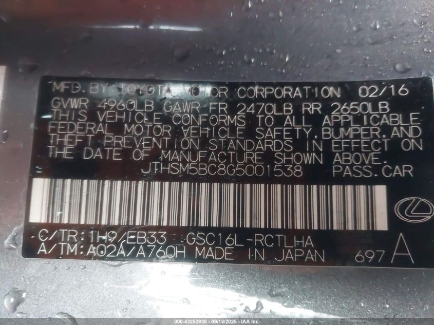 2016 Lexus Rc 300 VIN: JTHSM5BC8G5001538 Lot: 43252938