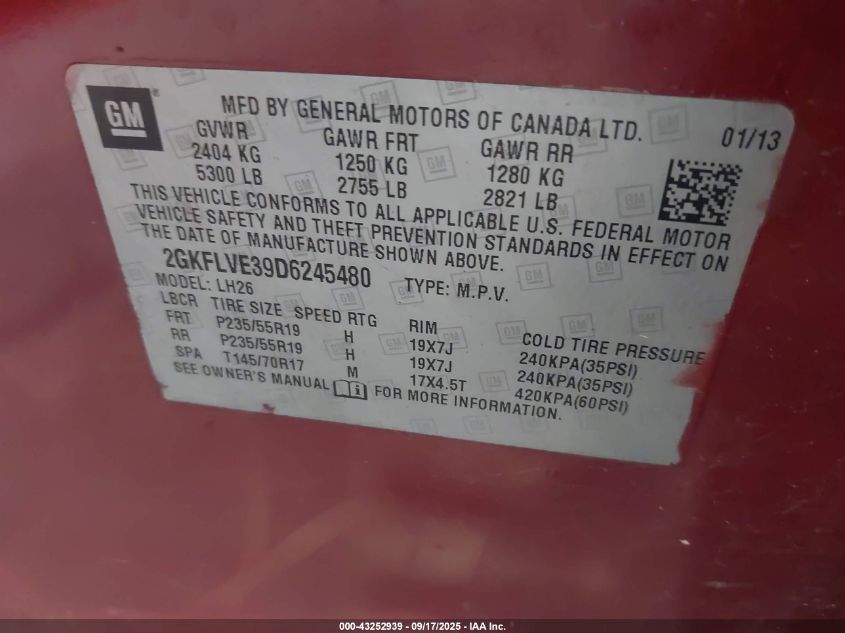 2013 GMC Terrain Slt-1 VIN: 2GKFLVE39D6245480 Lot: 43252939