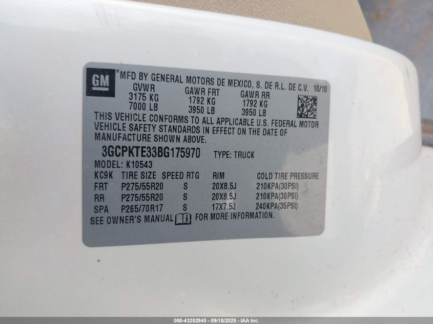 2011 Chevrolet Silverado 1500 Ltz VIN: 3GCPKTE33BG175970 Lot: 43252945