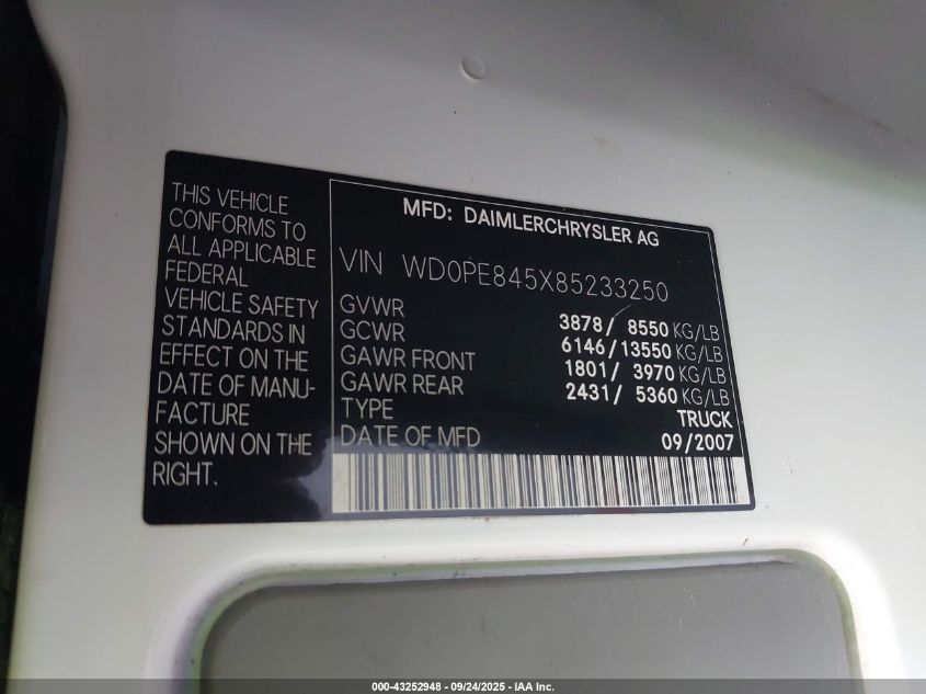 2008 Dodge Sprinter 2500 VIN: WD0PE845X85233250 Lot: 43252948