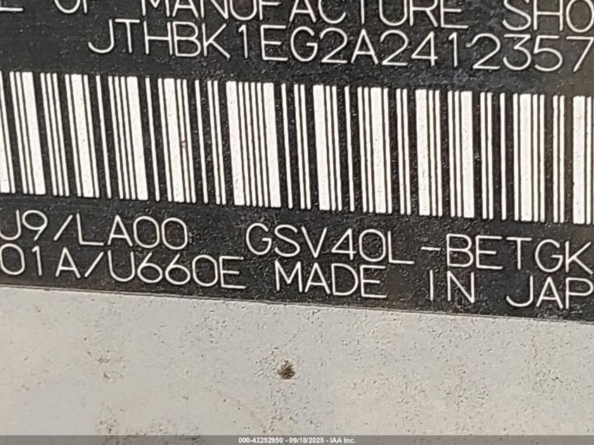 2010 Lexus Es 350 VIN: JTHBK1EG2A2412357 Lot: 43252950