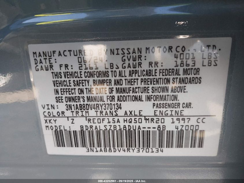 2024 Nissan Sentra Sr Xtronic Cvt VIN: 3N1AB8DV4RY370134 Lot: 43252961