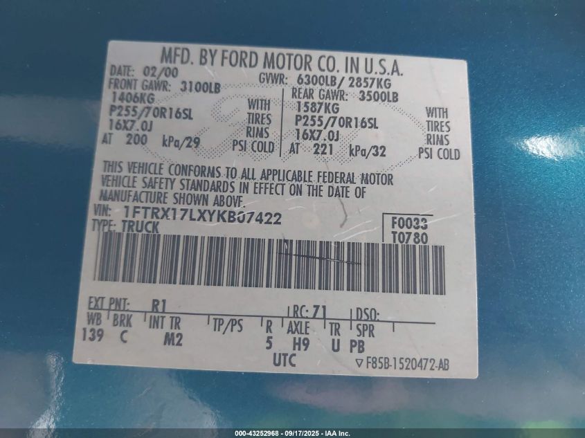 2000 Ford F-150 Lariat/Work Series/Xl/Xlt VIN: 1FTRX17LXYKB07422 Lot: 43252968