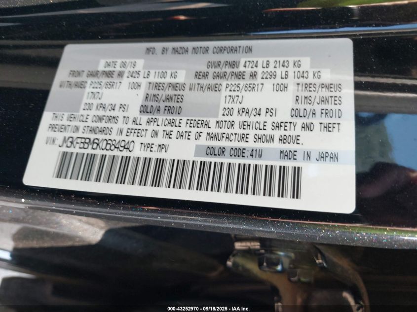 2019 Mazda Cx-5 Sport VIN: JM3KFBBM6K0684940 Lot: 43252970