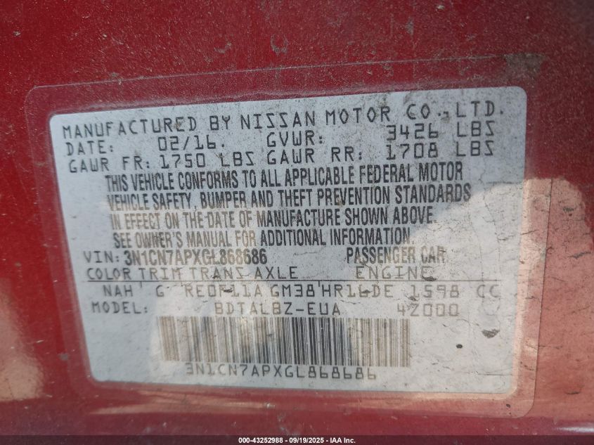 2016 Nissan Versa 1.6 S/1.6 S+/1.6 Sl/1.6 Sv VIN: 3N1CN7APXGL868686 Lot: 43252988