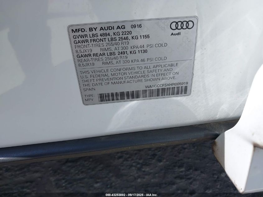 2017 Audi Q3 2.0T Premium VIN: WA1GCCFSXHR005918 Lot: 43253002