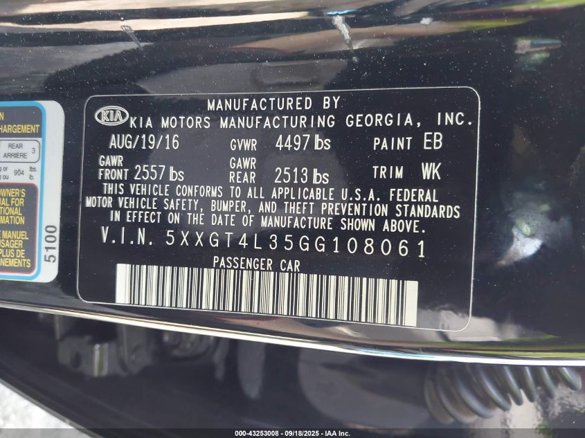 2016 Kia Optima Lx VIN: 5XXGT4L35GG108061 Lot: 43253008