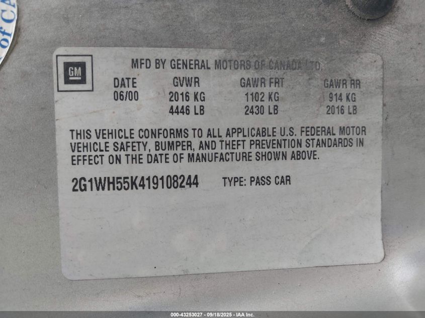 2001 Chevrolet Impala Ls VIN: 2G1WH55K419108244 Lot: 43253027