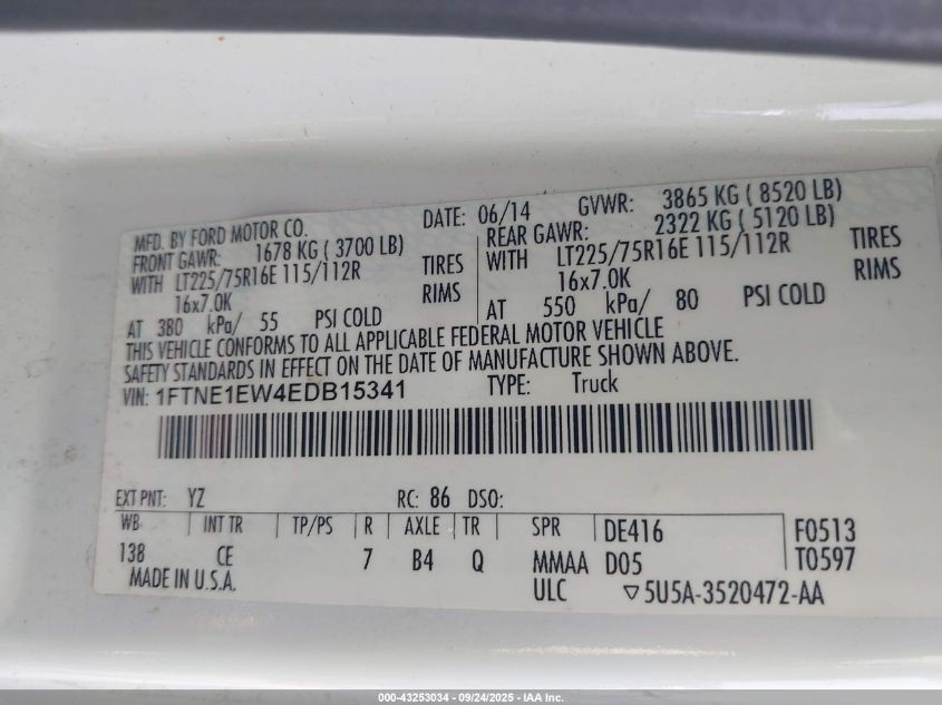 2014 Ford E-150 Commercial VIN: 1FTNE1EW4EDB15341 Lot: 43253034