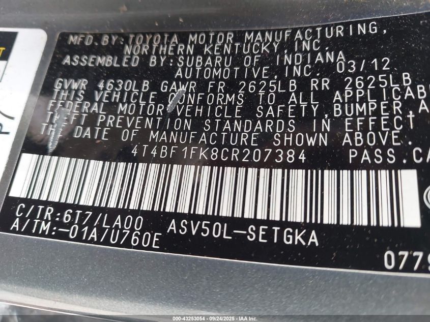 2012 Toyota Camry Xle VIN: 4T4BF1FK8CR207384 Lot: 43253054