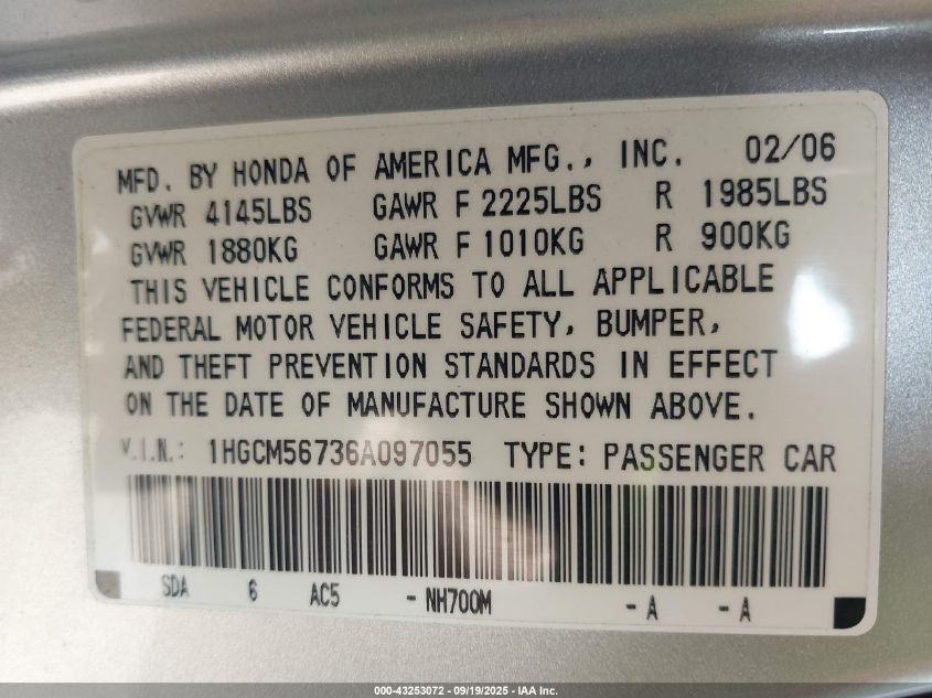 2006 Honda Accord 2.4 Ex VIN: 1HGCM56736A097055 Lot: 43253072