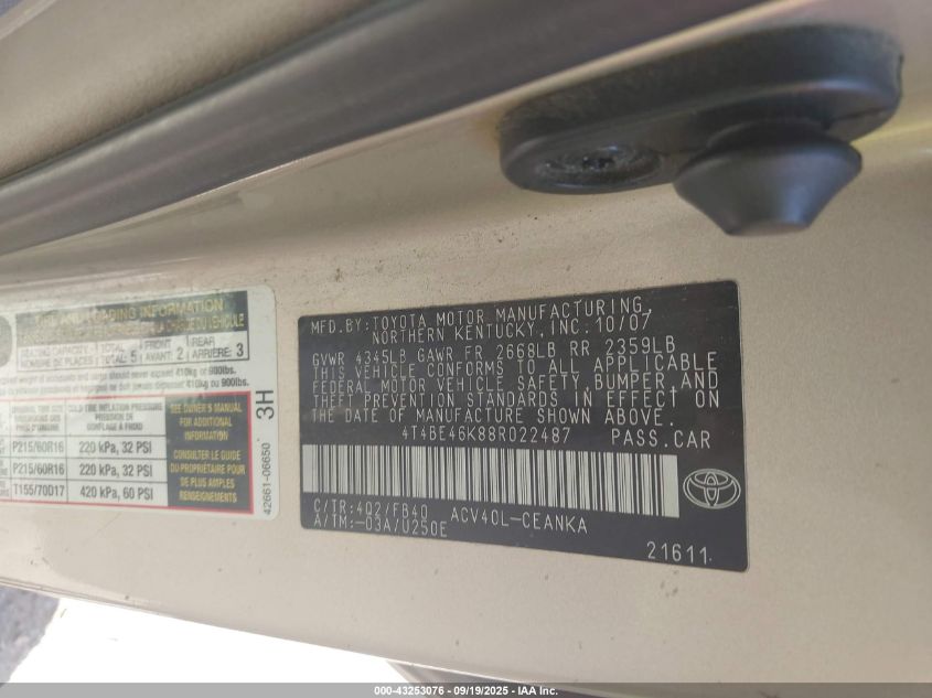 2008 Toyota Camry Le VIN: 4T4BE46K88R022487 Lot: 43253076