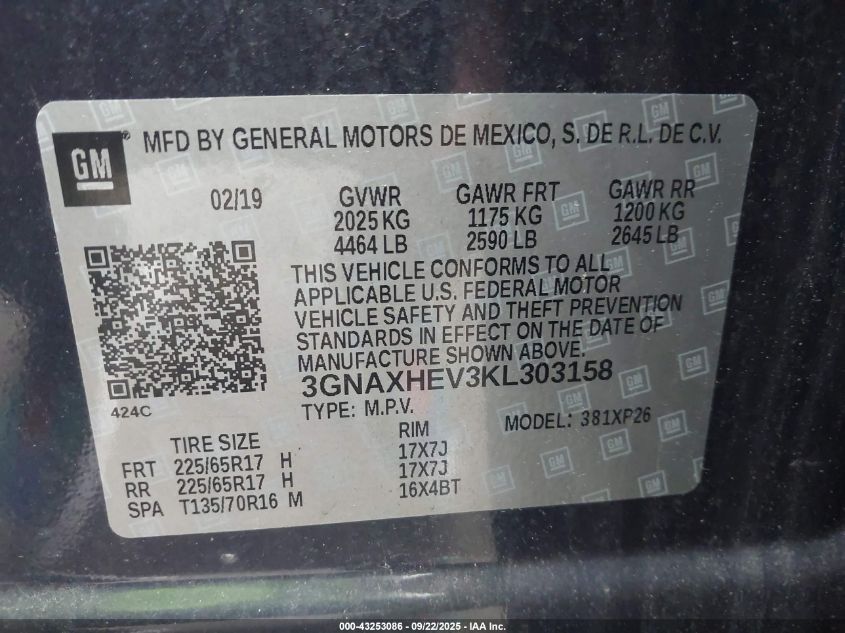 2019 Chevrolet Equinox Ls VIN: 3GNAXHEV3KL303158 Lot: 43253086