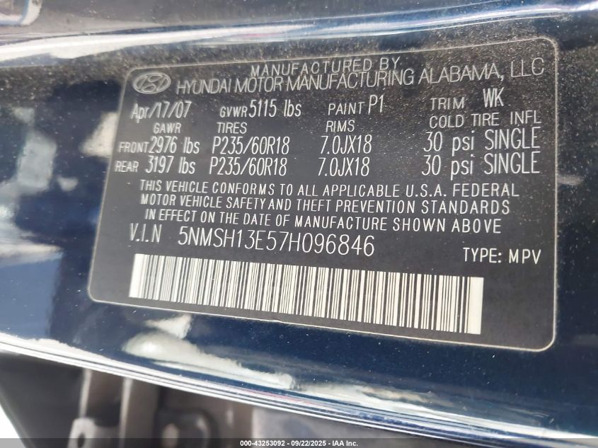 2007 Hyundai Santa Fe Limited/Se VIN: 5NMSH13E57H096846 Lot: 43253092