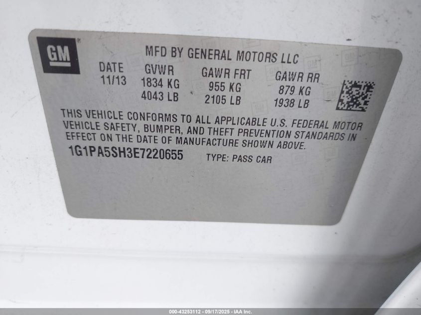 2014 Chevrolet Cruze Ls Auto VIN: 1G1PA5SH3E7220655 Lot: 43253112