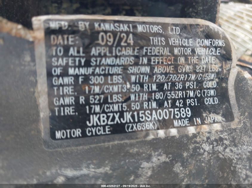 2025 Kawasaki Zx636 K VIN: JKBZXJK15SA007589 Lot: 43253127