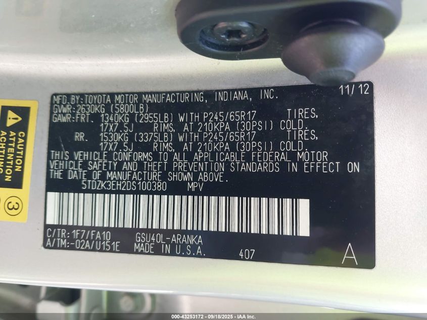 2013 Toyota Highlander Base Plus V6 VIN: 5TDZK3EH2DS100380 Lot: 43253172