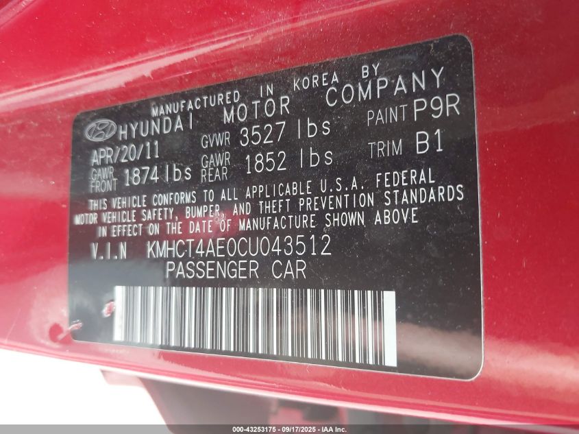 2012 Hyundai Accent Gls VIN: KMHCT4AE0CU043512 Lot: 43253175