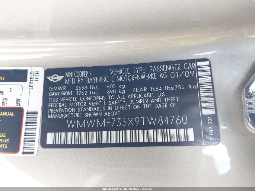 2009 Mini Cooper S VIN: WMWMF735X9TW84760 Lot: 43253174