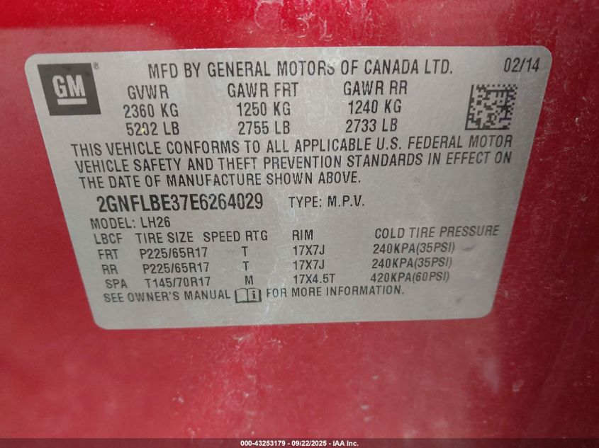 2014 Chevrolet Equinox 1Lt VIN: 2GNFLBE37E6264029 Lot: 43253179