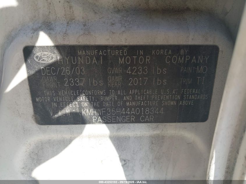 2004 Hyundai Sonata Gls/Lx VIN: KMHWF35H44A018344 Lot: 43253183