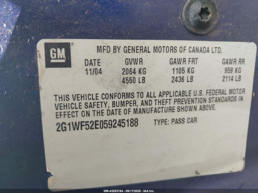 2005 Chevrolet Impala VIN: 2G1WF52E059245188 Lot: 43253184