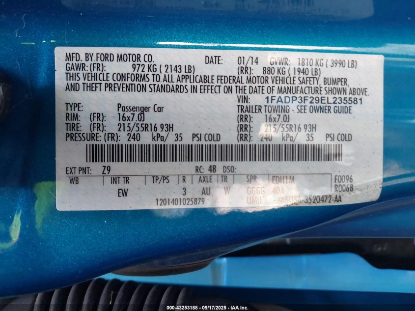 2014 Ford Focus Se VIN: 1FADP3F29EL235581 Lot: 43253188